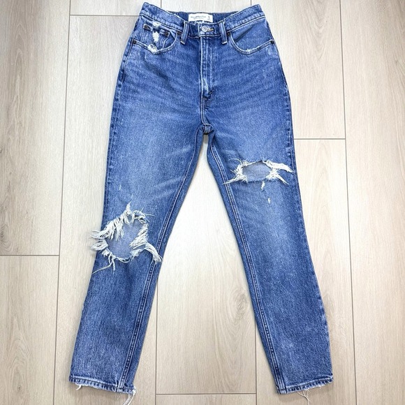 Abercrombie & Fitch Denim - Abercrombie High Rise Mom Jeans Size 25 (24) Distressed Blue Denim Raw Hem Crop